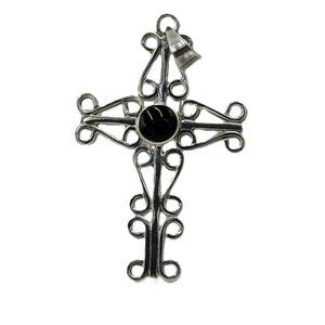 Vintage Sterling Silver Cross Pendant with Black Onyx Center | Mexico